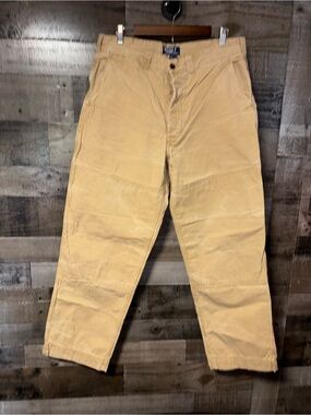 VTG Polo Ralph Lauren Canvas Double Knee Work Pants Tan Button Fly 34x32